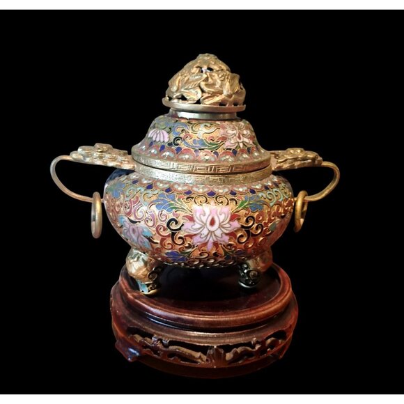 Vtg Large Chinese Cloisonné Brass Incense Burner Wood Stand Champleve Enamel - Picture 2 of 16
